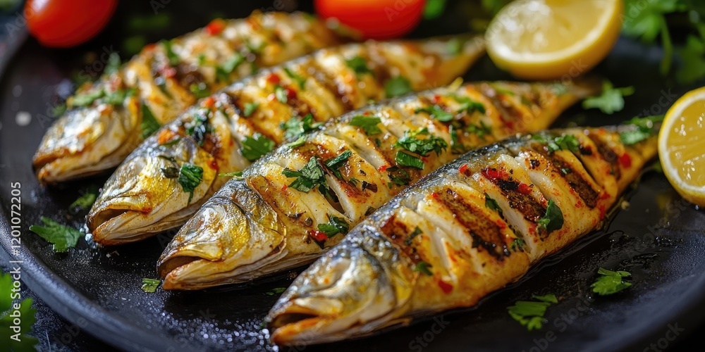 Marinated mackerel fillets grilled to perfection arranged on a black plate with lemon slices and cherry tomatoes surrounded by fresh herbs Marinated mackerel fillets grilled to perfection arranged on a black plate with lemon slices and cherry tomatoes surrounded by fresh herbs