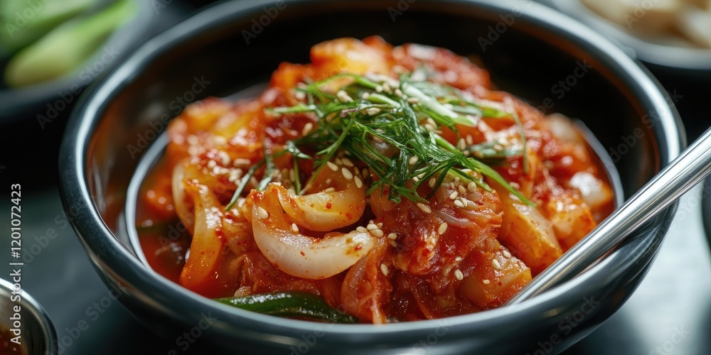 Vibrant kimchi with pickled radish in a black bowl garnished with green onion and sesame seeds on a dark table with silver chopsticks nearby Vibrant kimchi with pickled radish in a black bowl garnished with green onion and sesame seeds on a dark table with silver chopsticks nearby