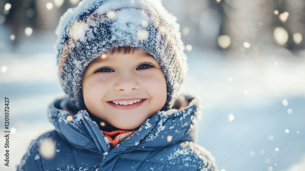 Close-up of a happy kid wearing coat and beanie playing snow outside. Close-up of a happy kid wearing coat and beanie playing snow outside.