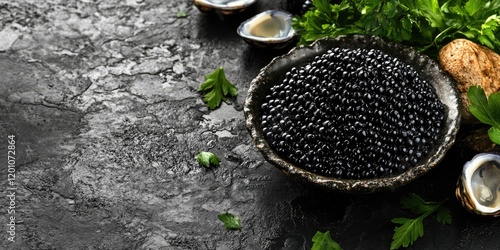 Delectable black lumpfish caviar in a rustic bowl surrounded by fresh parsley and oysters on a textured dark stone background with ample copy space photo