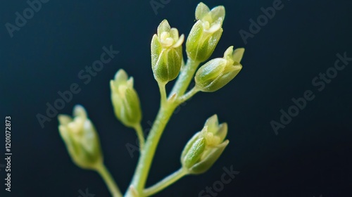 A detailed close-up of a cluster of small, delicate green leaves emerging from a plant stem. The fresh, vibrant leaves capture the beauty of natural growth and vitality. photo