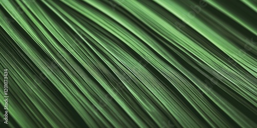 Close up image of a vibrant green palm leaf with intricate textured patterns flowing diagonally across the frame showcasing natural beauty and detail