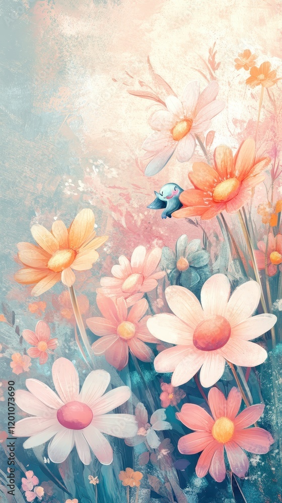 A whimsical bird rests amidst a field of pastel daisies A whimsical bird rests amidst a field of pastel daisies