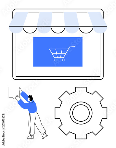 Digital storefront with shopping cart, gear for settings, and person arranging items. Ideal for e-commerce, retail management, business setup, online platforms, workflow, entrepreneurship abstract