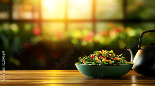 Burmese fermented tea leaf salad (Laphet Thoke) with fresh toppings, shot in a warm, traditional Myanmar tea shop, [Rare ethnic dish, food culture concept] photo