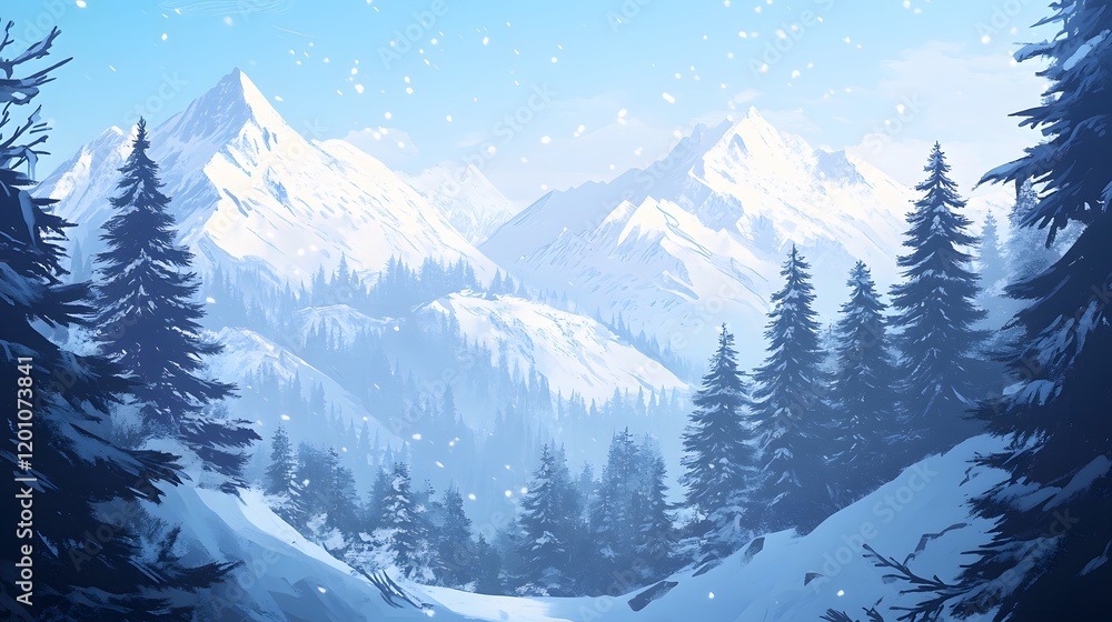 Fototapeta premium Snow Falling on Majestic Winter Mountains and Pine Trees