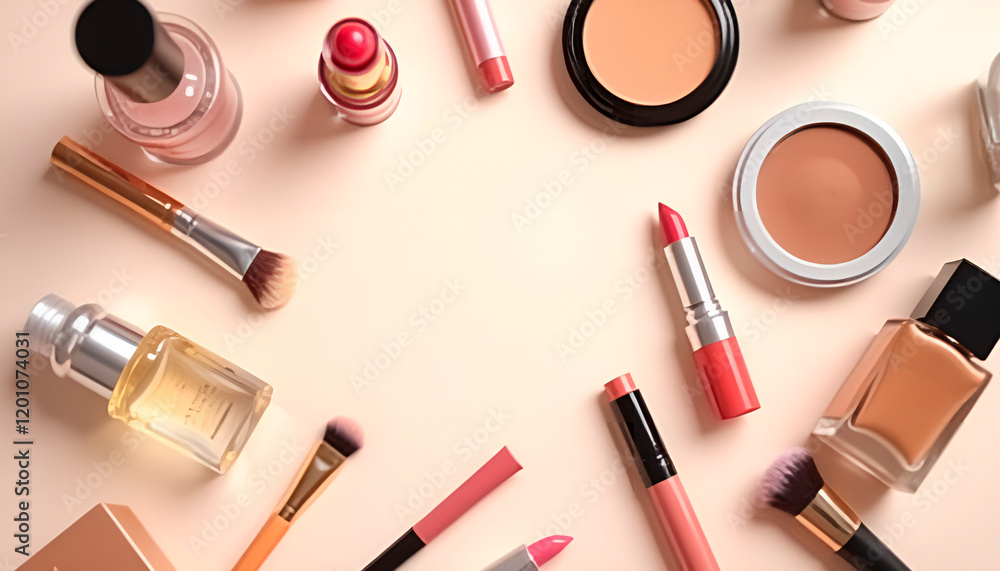 Flat lay of various cosmetic products and tools on soft peach background, beauty and makeup essentials
Flat lay of various cosmetic products and tools on soft peach background, beauty and makeup essentials