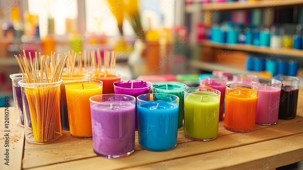 A vibrant DIY candle pouring station with molds, wicks, and dyes A vibrant DIY candle pouring station with molds, wicks, and dyes