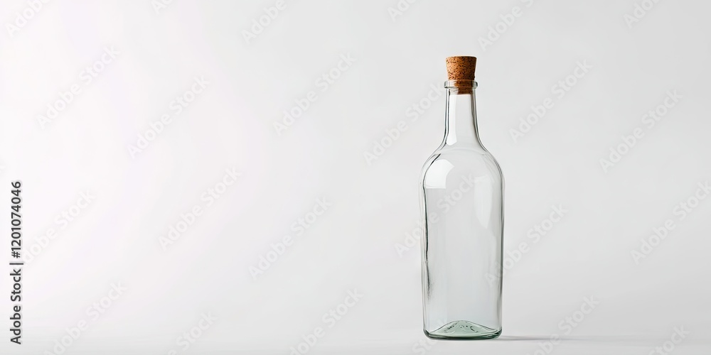 Clear glass bottle with a cork stopper on a white background positioned slightly to the right, conveying freshness and health, ample copy space. Clear glass bottle with a cork stopper on a white background positioned slightly to the right, conveying freshness and health, ample copy space.