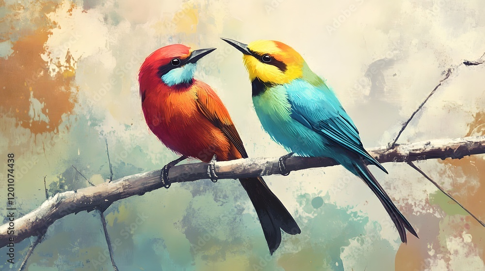 Obraz premium Colorful birds perched on branch, abstract background, nature artwork, decor