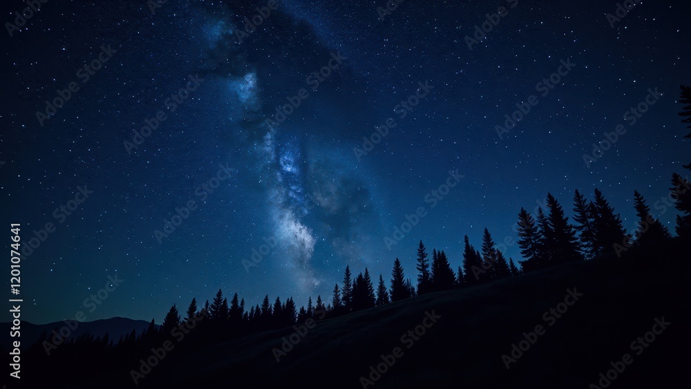 Glimpse into a serene night, where the Milky Way arcs majestically through a deep azure sky, sprinkled with countless twinkling stars against the canvas of darkness Glimpse into a serene night, where the Milky Way arcs majestically through a deep azure sky, sprinkled with countless twinkling stars against the canvas of darkness