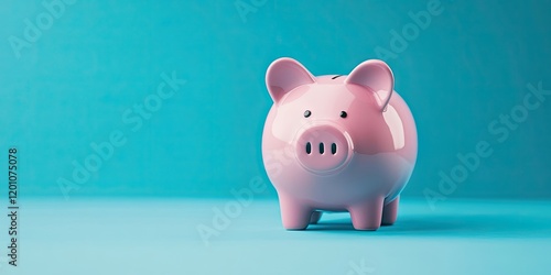 Pink piggy bank positioned centrally on a light blue background, ample negative space around it, ideal for banners and advertisements.