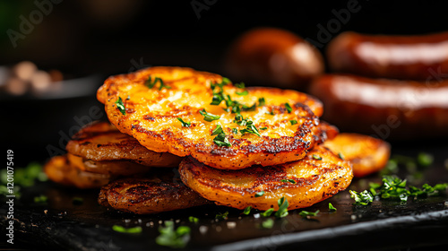 Chilean Milcao potato pancakes, fried and styled with smoked sausages, [Patagonian comfort food, cultural warmth] photo