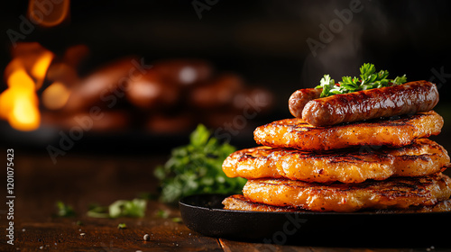 Chilean Milcao potato pancakes, fried and styled with smoked sausages, [Patagonian comfort food, cultural warmth] photo