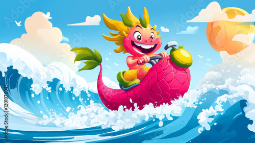 Cartoon cheerful dragon fruit on water bike scooter. Funny vector pitahaya character sportsman riding waterbike by sea waves. Watersport recreation, summer holidays activity, personage on vacation photo