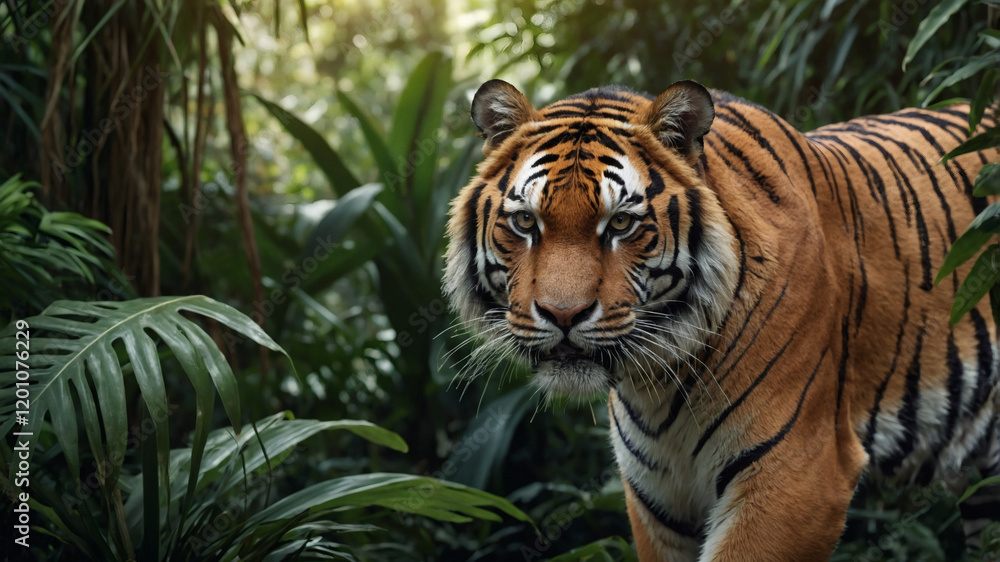Majestic tiger in lush jungle setting, eyes intense, powerful presence. Majestic tiger in lush jungle setting, eyes intense, powerful presence.