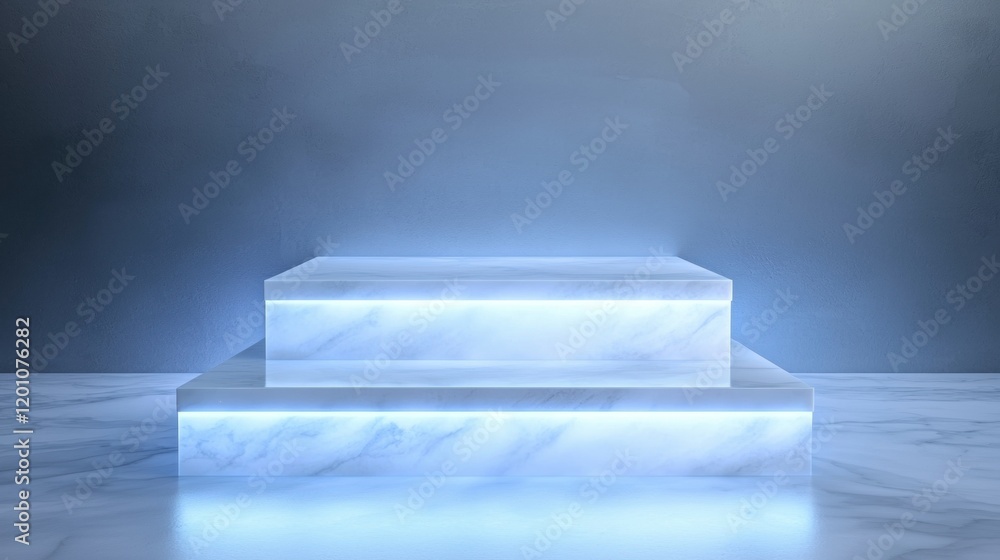 Obraz premium 3d rendering of a square-shaped platform made of white marble with a blue light shining on it. the platform is placed on a marble floor with a gray wall in the background.