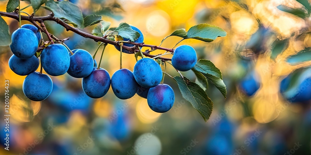 Ripe blue plums clustered on a branch with green leaves against a warm autumn backdrop featuring soft bokeh in golden hues. Ripe blue plums clustered on a branch with green leaves against a warm autumn backdrop featuring soft bokeh in golden hues.