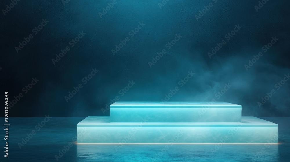 Obraz premium 3d rendering of a stage with a dark blue background. the stage is made of a rectangular platform with a flat top and a flat bottom.