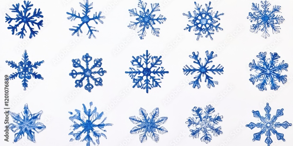 Set of sixteen intricately designed blue snowflakes arranged in a grid pattern on a bright white background, showcasing a variety of shapes and sizes. Set of sixteen intricately designed blue snowflakes arranged in a grid pattern on a bright white background, showcasing a variety of shapes and sizes.