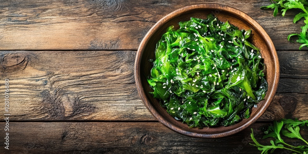 Japanese seaweed salad in a wooden bowl on a rustic wooden table with fresh greens and sesame seeds, vibrant greens against a brown background Japanese seaweed salad in a wooden bowl on a rustic wooden table with fresh greens and sesame seeds, vibrant greens against a brown background