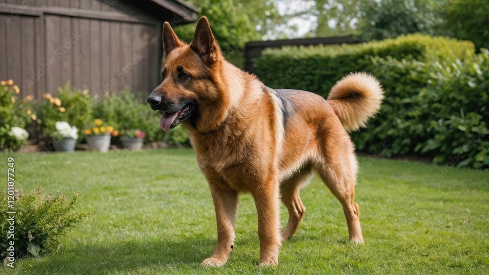 Red and black german shepherd dog in the garden