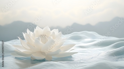Serene white lotus blossom on textured surface, mountain backdrop, peaceful scene, spa advertising