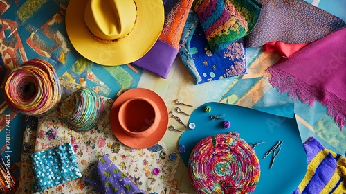 A vibrant hat-making station with fabric, patterns, and decorative pins