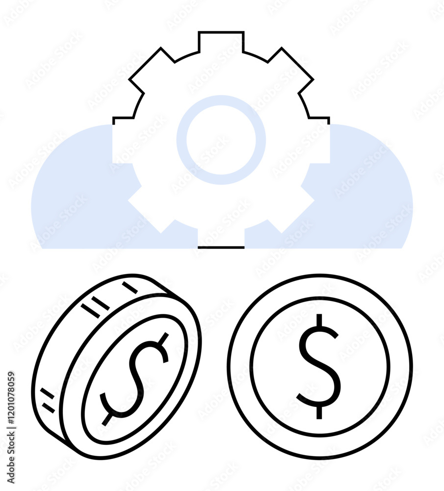 Cloud with gear symbolizing technology integration above two dollar coins. Ideal for fintech, cloud services, automation, digital economy, cost efficiency, finance, and innovation concepts. Abstract Cloud with gear symbolizing technology integration above two dollar coins. Ideal for fintech, cloud services, automation, digital economy, cost efficiency, finance, and innovation concepts. Abstract