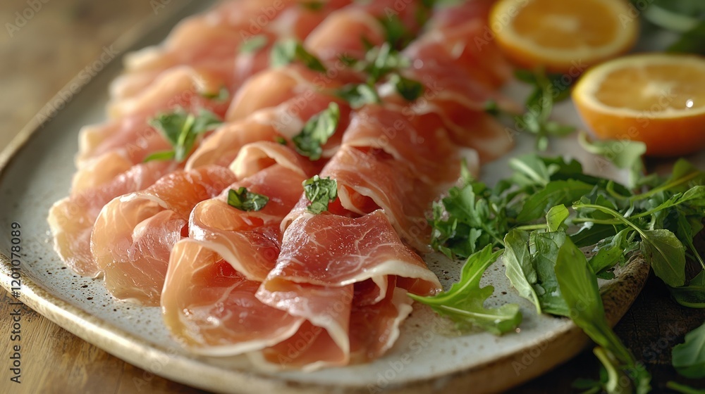 Prosciutto appetizer platter, herbs, citrus, wooden table, food photography Prosciutto appetizer platter, herbs, citrus, wooden table, food photography