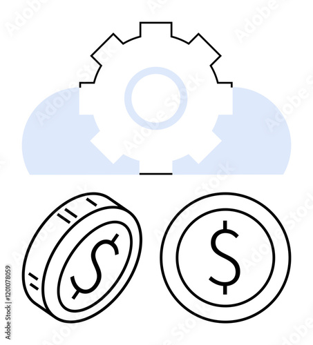 Cloud with gear symbolizing technology integration above two dollar coins. Ideal for fintech, cloud services, automation, digital economy, cost efficiency, finance, and innovation concepts. Abstract