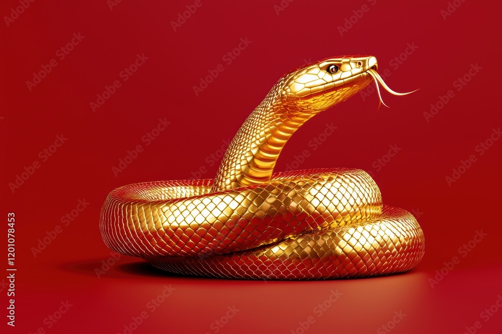 Fototapeta premium Artistic rendering of a golden snake with a polished metallic finish, curled elegantly on a deep crimson surface
