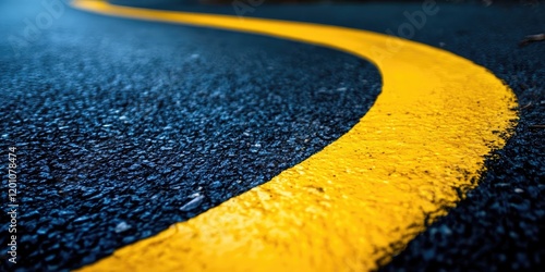 Curving yellow line on dark asphalt road captured from a low perspective showcasing texture and color contrast with vibrant yellow against black pavement. photo