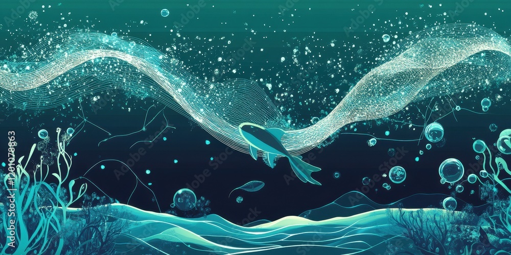 Fototapeta premium Aquatic Dreamscape Fish Swims Through Flowing Light