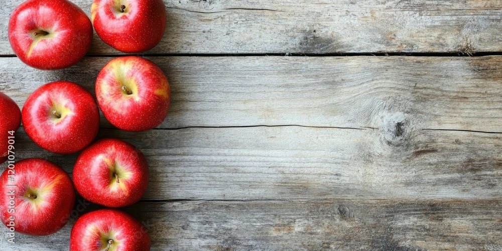 Vibrant red apples arranged in a triangular formation on textured weathered wood with ample negative space for text on the right side. Vibrant red apples arranged in a triangular formation on textured weathered wood with ample negative space for text on the right side.