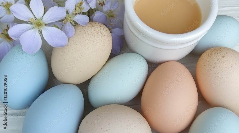 Pastel-colored eggs with delicate flowers and a white cup on a wooden background, symbolizing spring and freshness Pastel-colored eggs with delicate flowers and a white cup on a wooden background, symbolizing spring and freshness