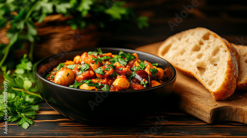 French Cagouille snail stew, served with crusty bread in a rustic countryside kitchen, [Provincial European delicacies, rare dishes]