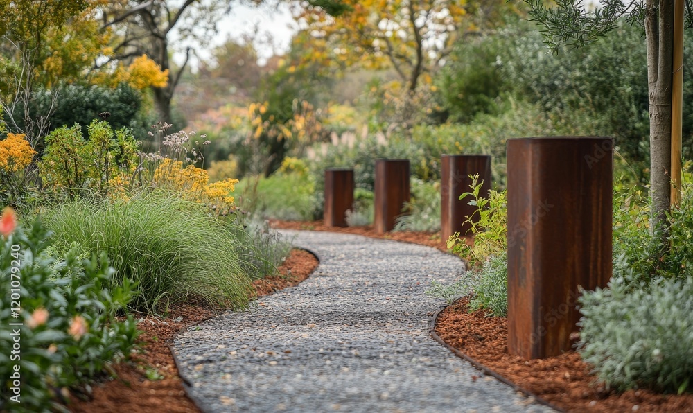 Fototapeta premium Gravel path winds through a garden with metal posts.