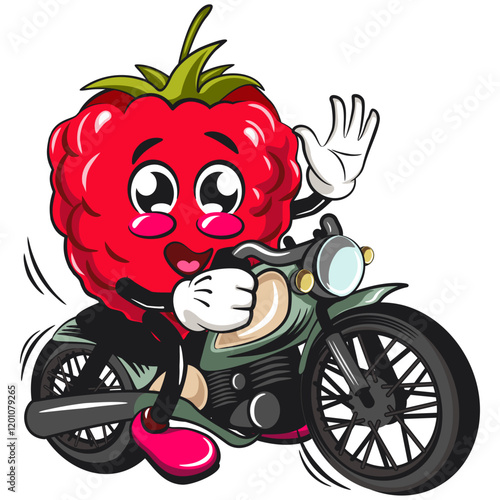 Cute raspberry fruit vektor illustration mascot character riding a big motorcycle, work of hand drawn