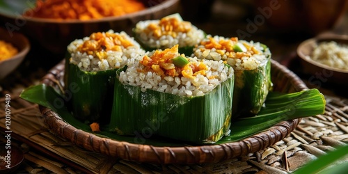 Traditional Indonesian Lepet dish made of glutinous rice wrapped in green banana leaves on woven surface with orange and yellow toppings. photo