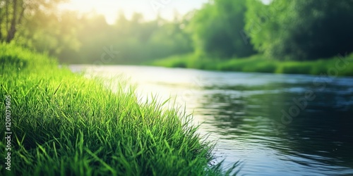 Lush green grass in the foreground by a tranquil river reflecting soft sunlight with blurred trees in the background ideal for summer relaxation photo