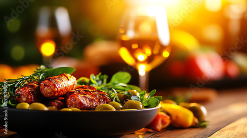 Freshly made Portuguese Alheira sausage served with greens and olives on an old-world table setting, [Mediterranean cuisine, historic culinary traditions] photo