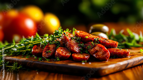 Freshly made Portuguese Alheira sausage served with greens and olives on an old-world table setting, [Mediterranean cuisine, historic culinary traditions] photo