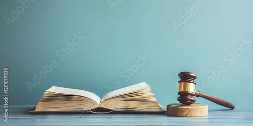 Open law book positioned left with a wooden gavel on a circular base right, both against a soft blue backdrop, ample space for text above. photo