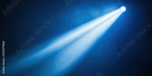 Bright blue light beam shining diagonally from the top left corner against a deep blue background, creating a dramatic atmosphere with fog effects.