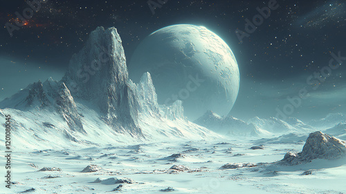 Alien Planet Snowy Mountainscape With Large Orb