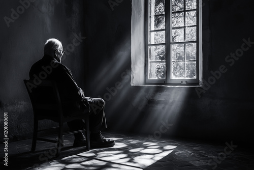 Wallpaper Mural Elderly man sitting in a chair in an empty room, gazing out the window, memories. Torontodigital.ca