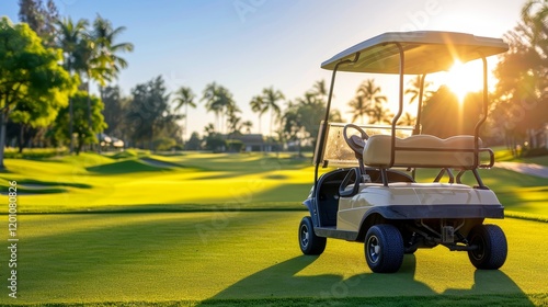 Golf cart on vibrant golf course at sunset, ideal for sports and outdoor recreation themes photo