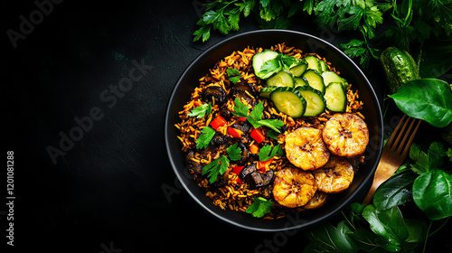 Haitian Diri Ak Djon Djon black mushroom rice, plated with fried plantains and spicy pickles, [Caribbean culinary heritage, exotic flavors] photo