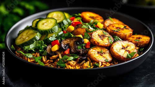 Wallpaper Mural Haitian Diri Ak Djon Djon black mushroom rice, plated with fried plantains and spicy pickles, [Caribbean culinary heritage, exotic flavors] Torontodigital.ca